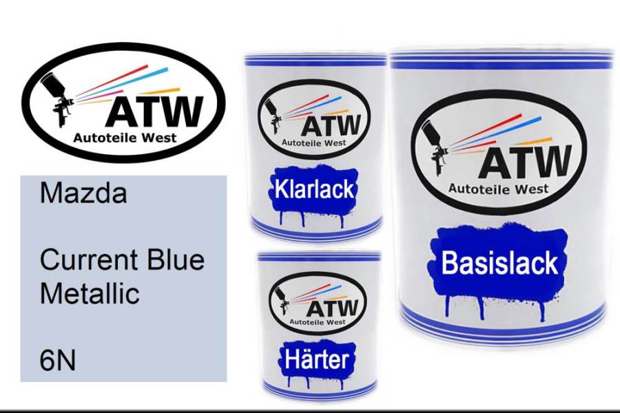 Mazda, Current Blue Metallic, 6N: 1L Lackdose + 1L Klarlack + 500ml Härter - Set, von ATW Autoteile West.